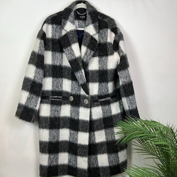 J. Crew Collection Oversized Topcoat Gray Plaid Jewel Gem Buttons M - Picture 7 of 16